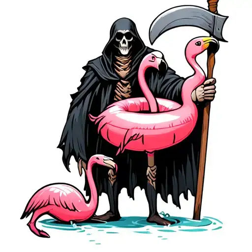 black grim reaper standing holding scythe with pink flamingo pool floatie tattoo design idea