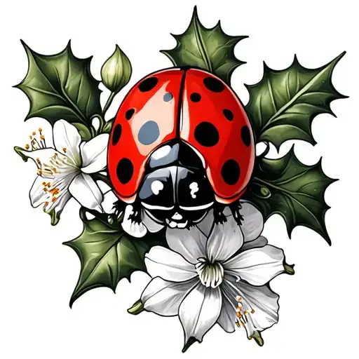 ladybug on a branch of holly and narcissist flower tattoo design idea