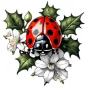 ladybug on a branch of holly and narcissist flower tattoo design idea