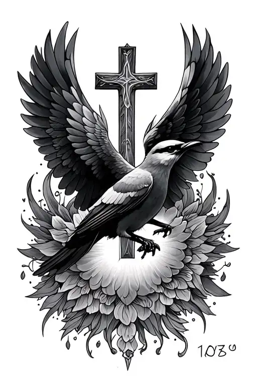 Sun birds angels cross date of birth tattoo design idea