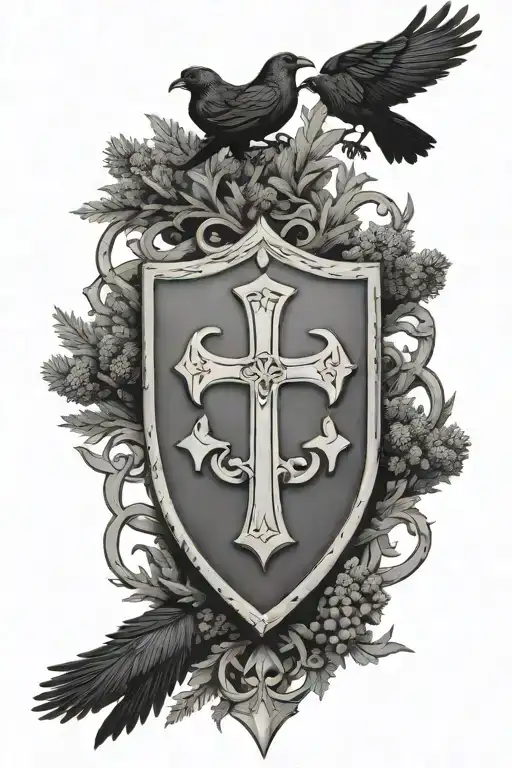 Rooker Family Crest with a celtic cross in a circle as a shield surrounded by cedar trees with  6 Crows tattoo design idea