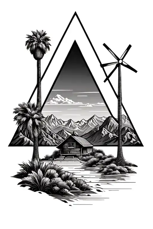palm springs mountains  and 3 triangles add windmills and palm trees tattoo design idea