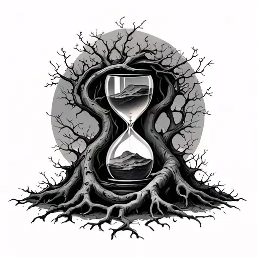 hourglass wrapped with tree roots growing tattoo design idea