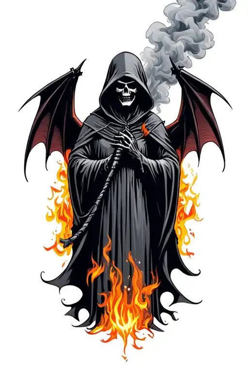 hooded reaper silohuette, smoke, fire, scary, bat wings tattoo design idea