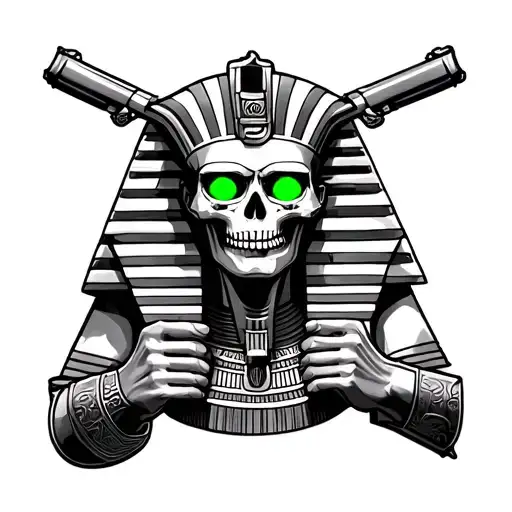 a pharaoh with a skull face holding 2 guns underneath his neck looking straight and symetric witth 2 green pyramiedseyes tattoo design idea