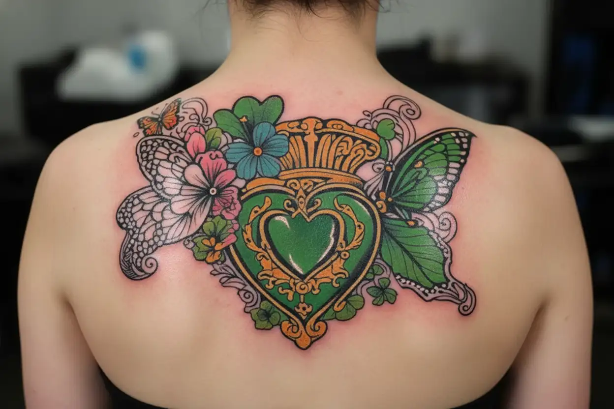 claddagh with shamrock surrounded by colorful butterflies tattoo design idea