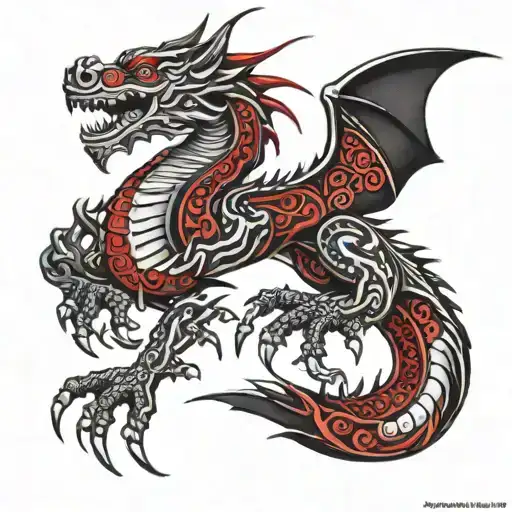 tribal red black dragon with Maori ta moko design combine tattoo design idea