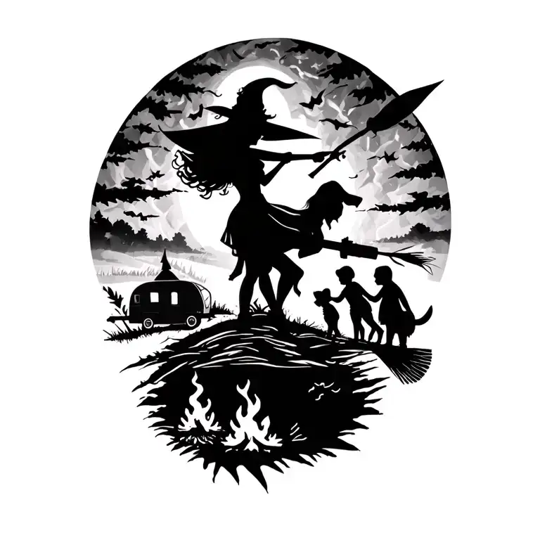 silhouette of busty sexy witch bride on broomstick over a campsite with a trailer and campfire with children & dog tattoo design idea
