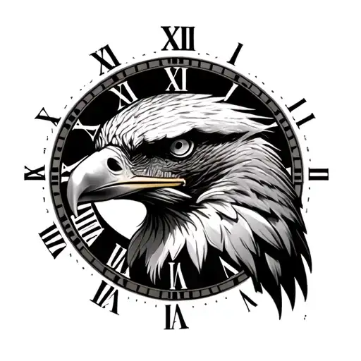 Eagle face aside with a clock with Roman numbers in the background tattoo design idea