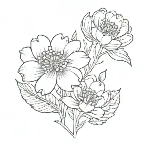 Mary gold flower, honeysuckle flower, primrose flower, mums flower fine line tattoo tattoo design idea