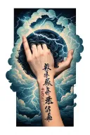 iner fore arm tattoo with clouds and lightning going all throughout with 2-18-24 on wrist with G T in Japanese writing  tattoo design idea