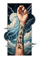 iner fore arm tattoo with clouds and lightning going all throughout with 2-18-24 on wrist with G T in Japanese writing  tattoo design idea
