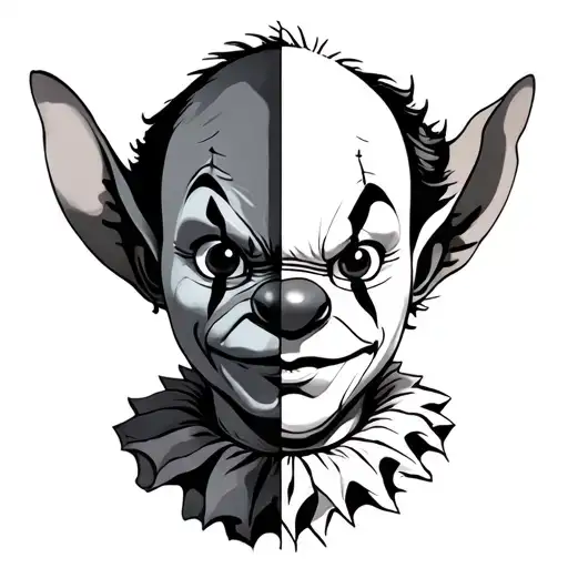 just half face of stitch from lilo and stitch and other half of the face is pennywise from it  tattoo design idea