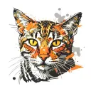 skinny female brown tabby cat, short hair, white hair on belly and chest, orange spot on head, white paws, black stripes tattoo design idea