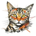 skinny female brown tabby cat, short hair, white hair on belly and chest, orange spot on head, white paws, black stripes tattoo design idea