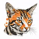 skinny female brown tabby cat, short hair, white hair on belly and chest, orange spot on head, white paws, black stripes tattoo design idea