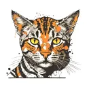 skinny female brown tabby cat, short hair, white hair on belly and chest, orange spot on head, white paws, black stripes tattoo design idea