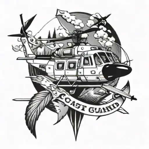 coast guard, helicopter flying, forrest, bass, compass, anchor, swords tattoo design idea