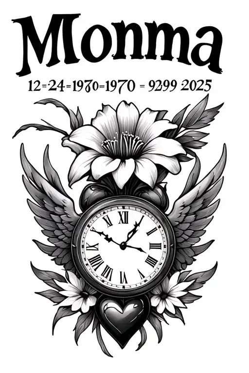 "Momma 12•24•1970 9•29•2025" "Momma 12•24•1970 9•29•2025" iris flower wings broken heart and a clock face tattoo design idea