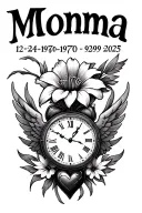 "Momma 12•24•1970 9•29•2025" "Momma 12•24•1970 9•29•2025" iris flower wings broken heart and a clock face tattoo design idea