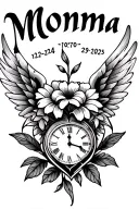 "Momma 12•24•1970 9•29•2025" "Momma 12•24•1970 9•29•2025" iris flower wings broken heart and a clock face tattoo design idea