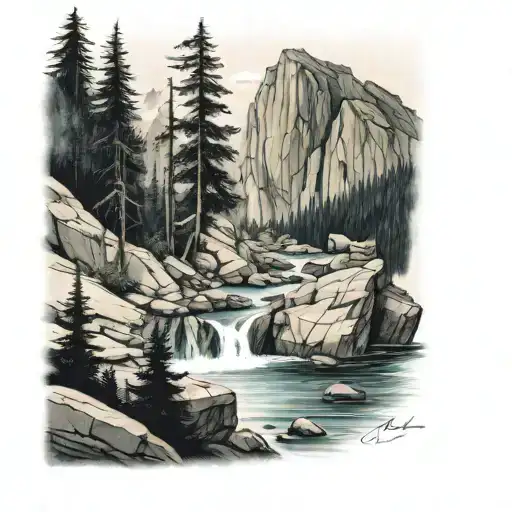 A tattoo design inspired by a realistic rocky gorge with steep, rugged cliffs, a narrow rocky path, and dense pine trees tattoo design idea