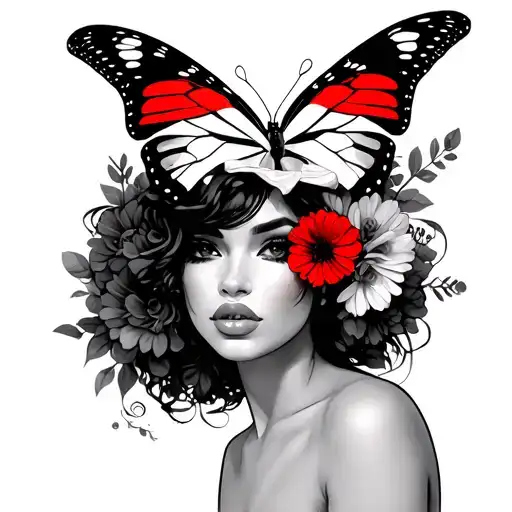 A  sexy light skin black woman with flowers as hair. The face is majority a red black white butterfly with number 88 in  tattoo design idea
