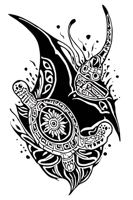 mayan themed manta ray and turtle swimming separately tattoo design idea