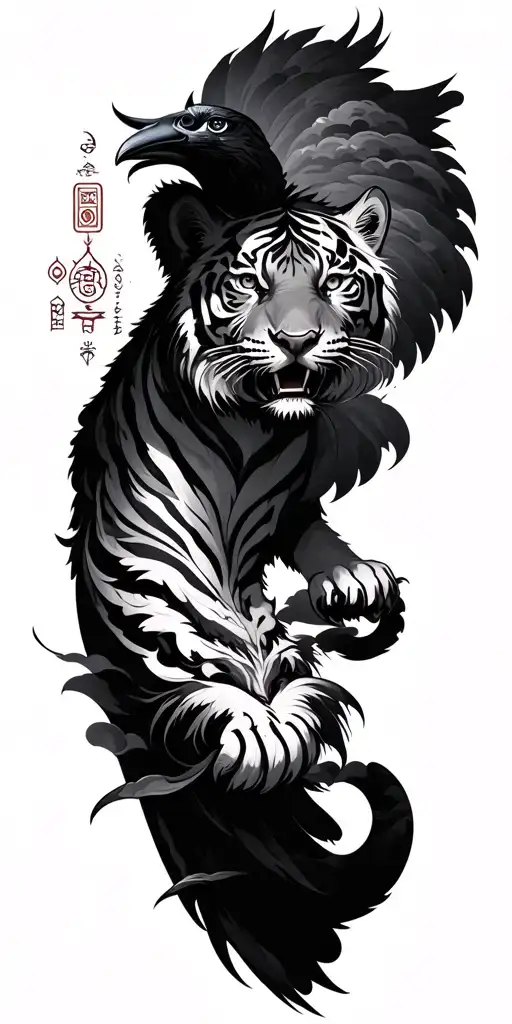 aggressive Tiger with Japanese Clouds, with Runes and mythology elements, Raven tattoo design idea