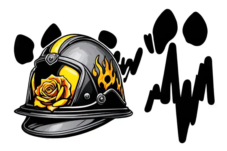 fire helmet. heart beat paw print yellow rose tattoo design idea