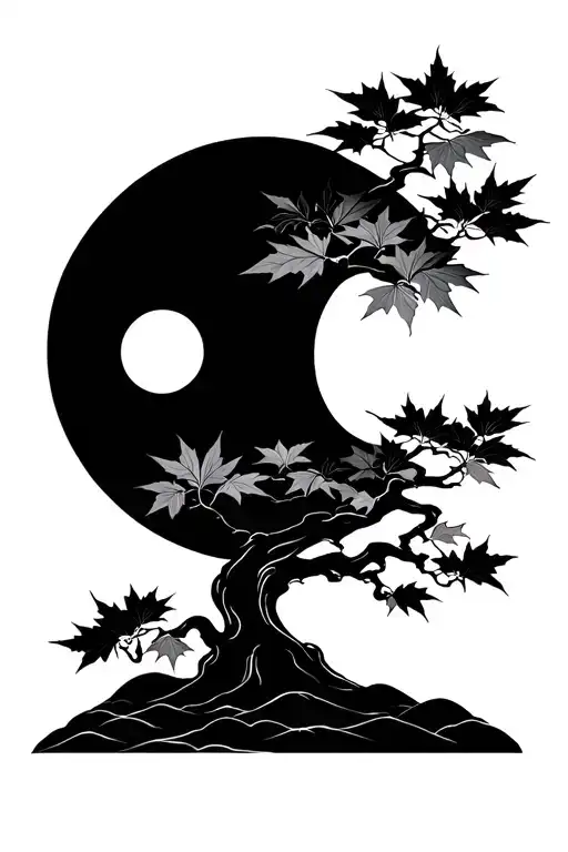 Japanese maple tree with leaves in front of the moon tattoo design idea