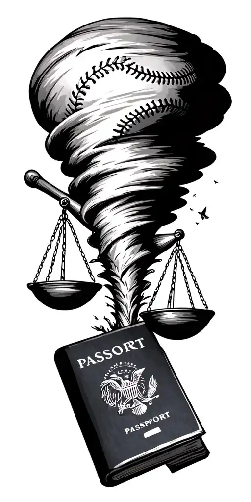 tornado sucking up scales of justice, baseball bat, baseball, passport, and palm tree. tattoo design idea