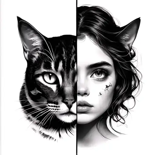 equally split girl face with cat face tattoo design idea