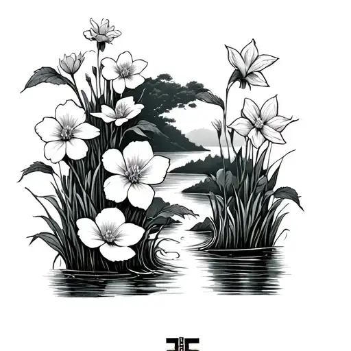 "Minimalist style and line work" A red Asian style river with several cosmos, morning glory’s and Daffodils along side the river that war only line work  tattoo design idea