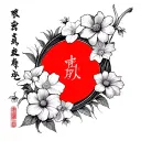 "Minimalist style and line work" A red Asian style river with several cosmos, morning glory’s and Daffodils along side the river that war only line work  tattoo design idea