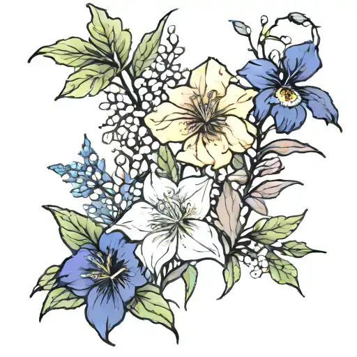 goldenrod, prairie rose, flowering dogwood, carnation, iris, lily of the valley, cosmos, narcissus tattoo design idea