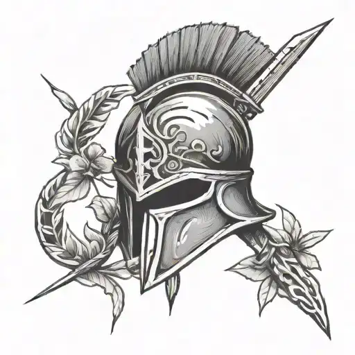 Spartan helmet front view with sword through it and laurel leaves around the rim tattoo design idea
