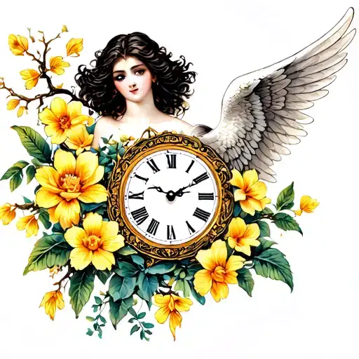 japanese life tree, roman clock, pisces astrology symbol, yellow spring flowers, and beautiful woman angel tattoo design idea