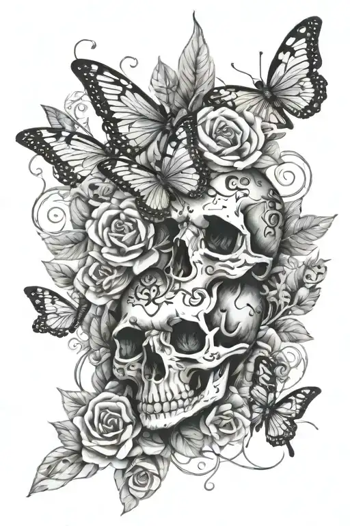 floral skull and snake sleeve tattoo featuring butterflies and dragonflies  tattoo design idea