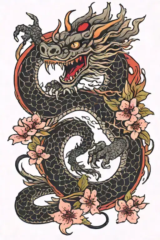 Japanese dragon with cherry blossoms tattoo design idea