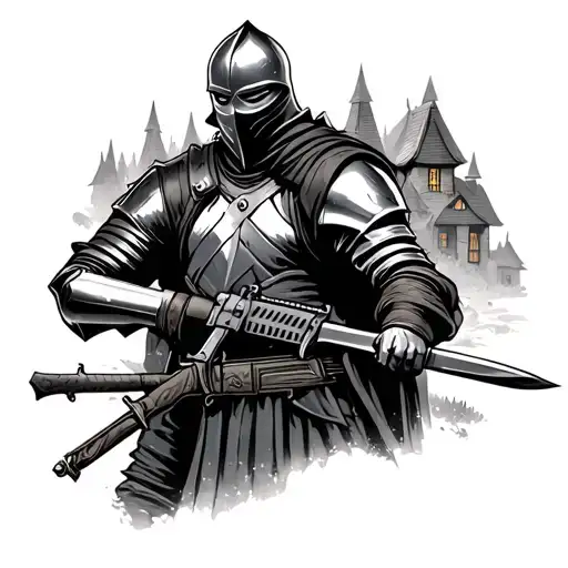 A Knight with an ski mask and a sword in his left arm and a assault rifle in his right hand, background is an village tattoo design idea