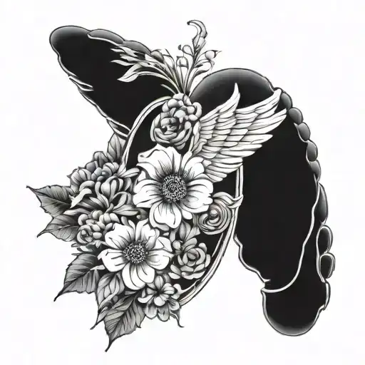 baby foot print and angel wings and flowers tattoo design idea
