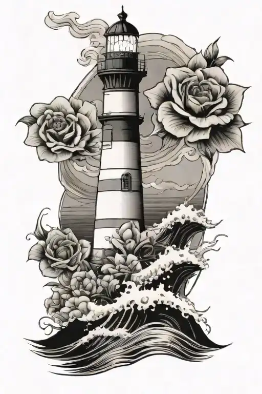 lighthouse flowers waves crashing tattoo design idea