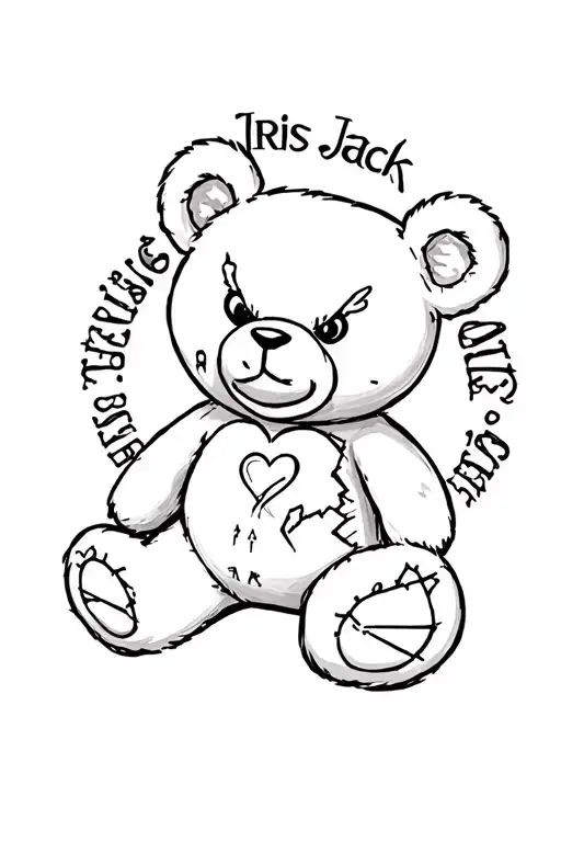 "Iris Jack" evil teddy bear badly damaged with stitches with a broken heart thats been mended and repaired name around the bear tattoo design idea