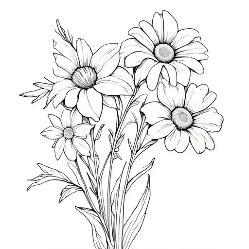 fine line tattoo bouquet Morning glorys, violet, daisy x2, holly, daffodil tattoo design idea