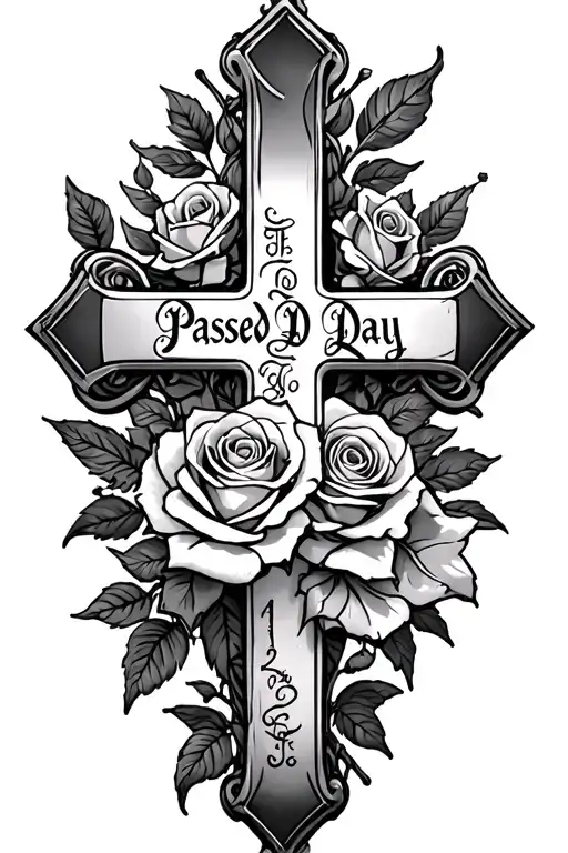 cross with passed away dates incorporated with rose intertwined tattoo design idea