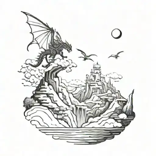 A fantasy landscape with floating islands, dragons flying overhead, and anime characters exploring the world below tattoo design idea