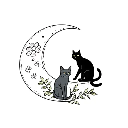 black cat next to moon and grey tuxedo cat playing with clover tattoo design idea