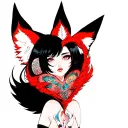 anime woman with black hair, tattoos and fox ears stitching together a broken heart wrapped with fox tails tattoo design idea