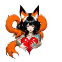 anime woman with black hair, tattoos and fox ears stitching together a broken heart wrapped with fox tails tattoo design idea